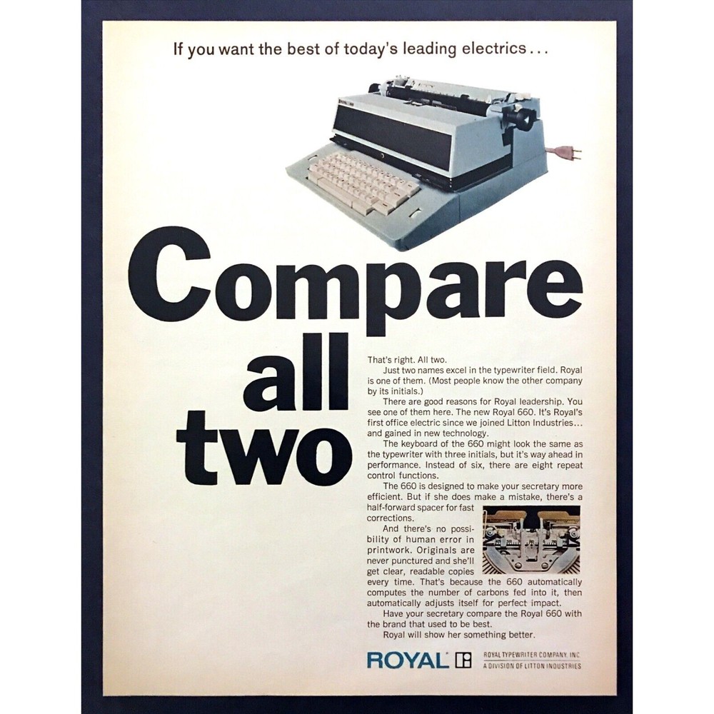 1967 Royal 660 Electric Typewriter photo "Compare to IBM" vintage print ad